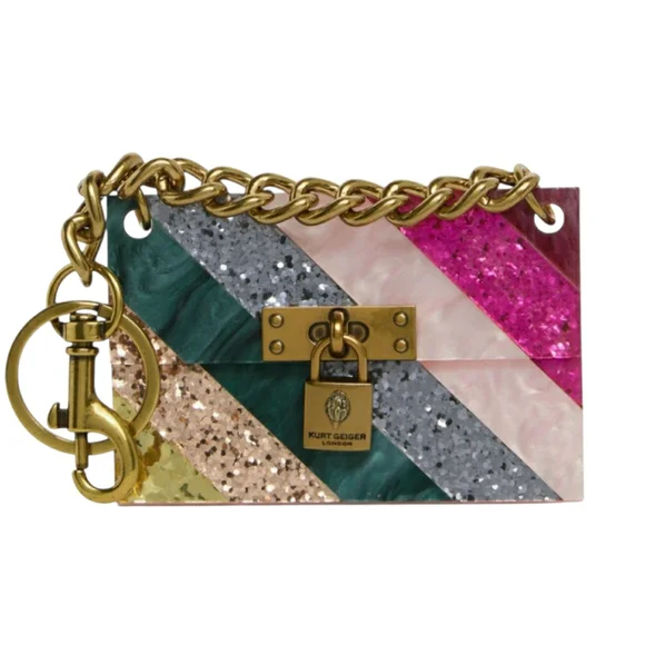 NIB! Kurt Geiger Glitter Striped Keychain / Purse Charm w/ Gold Chain - Picture 1 of 5